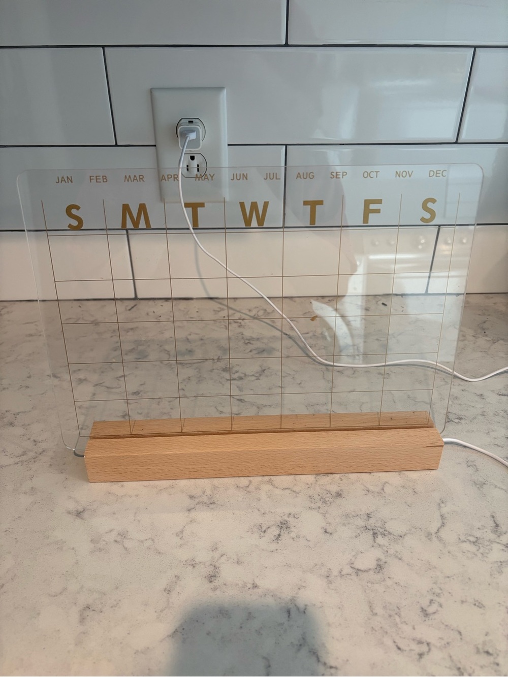 Acrylic Light Up Perpetual Calendar with Wood Stand - Gold Letters